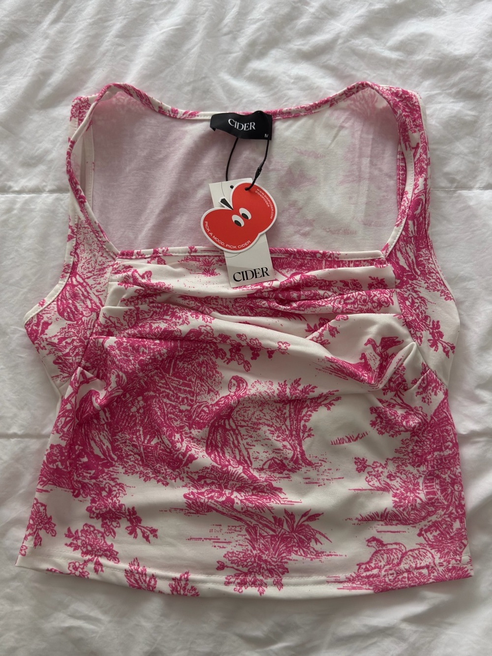 CIDER Cream Tank Top with Bright Pink Toile Print
